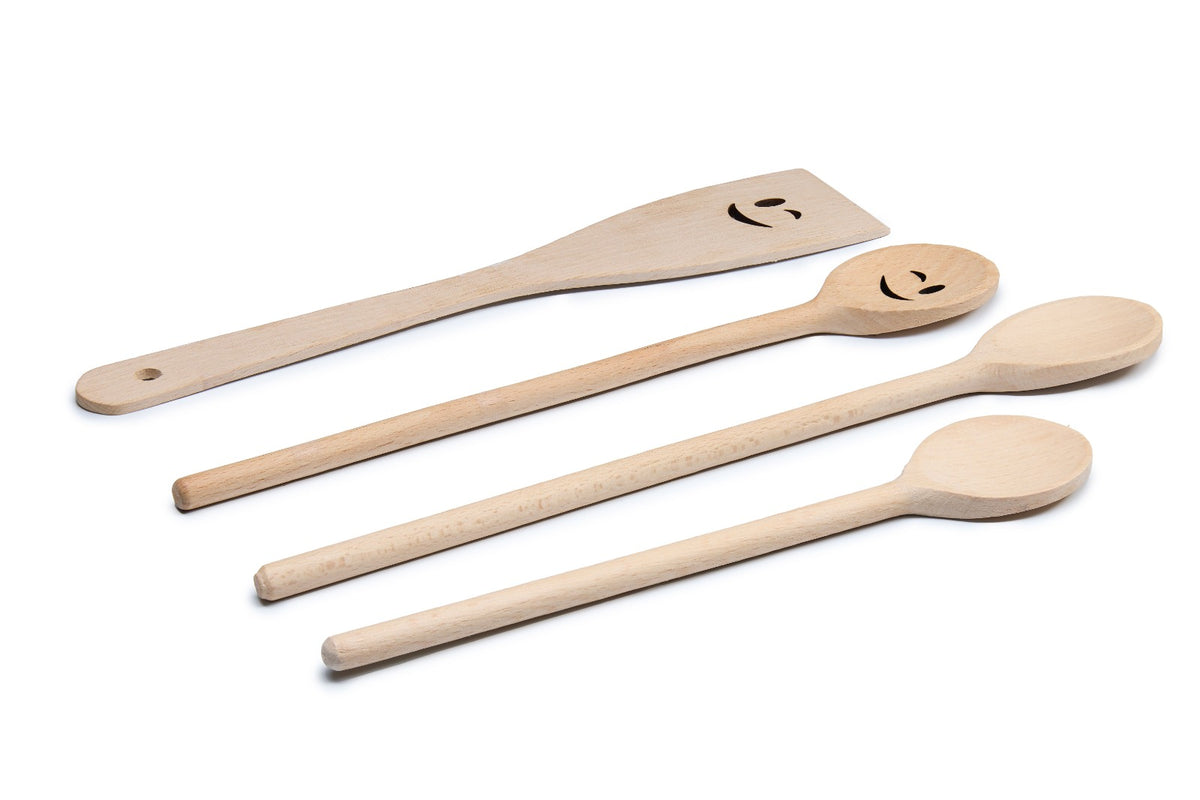 Natural beech wood cooking spoons for stirring, mixing and serving. Heat-resistant, safe for non-stick cookware and gentle on pots and pans. Untreated solid beech. Length: 300 mm.