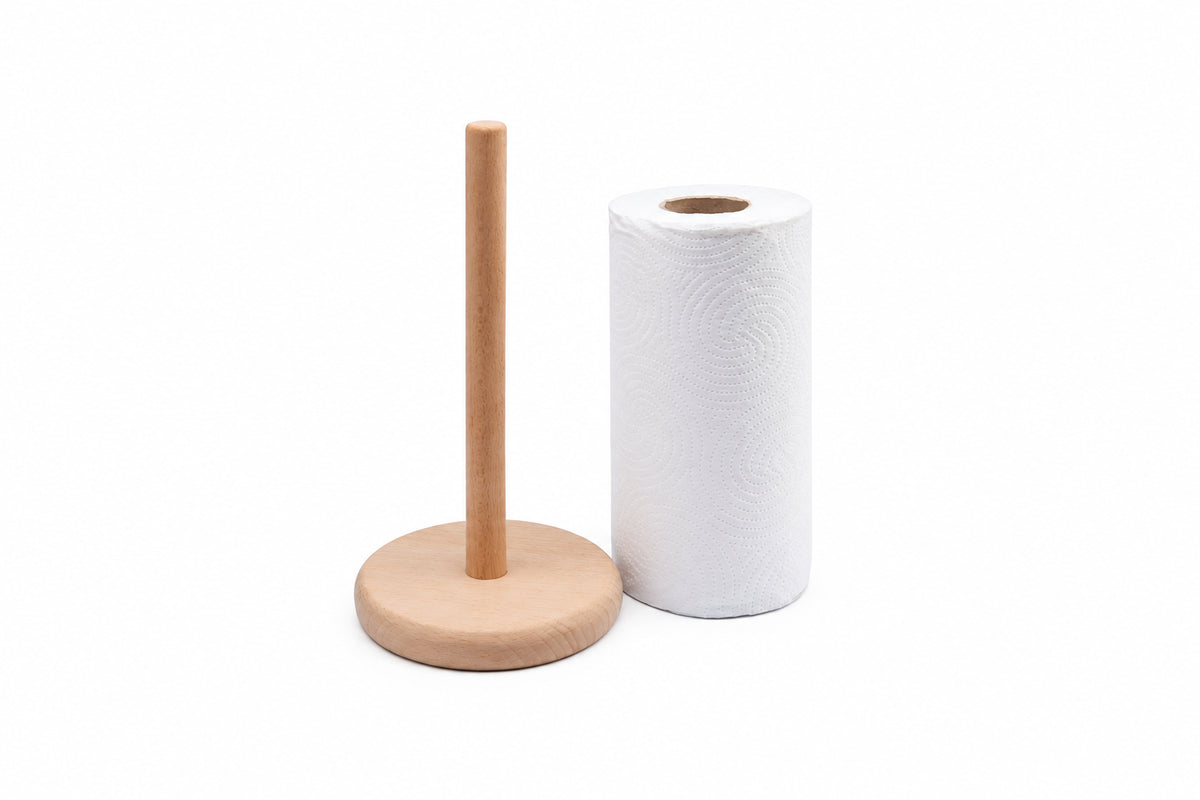 Freestanding beech wood paper towel holder that keeps kitchen rolls within easy reach. Stable round base and natural oiled finish that matches any kitchen style. Size: 320 mm high, Ø 130 mm base.