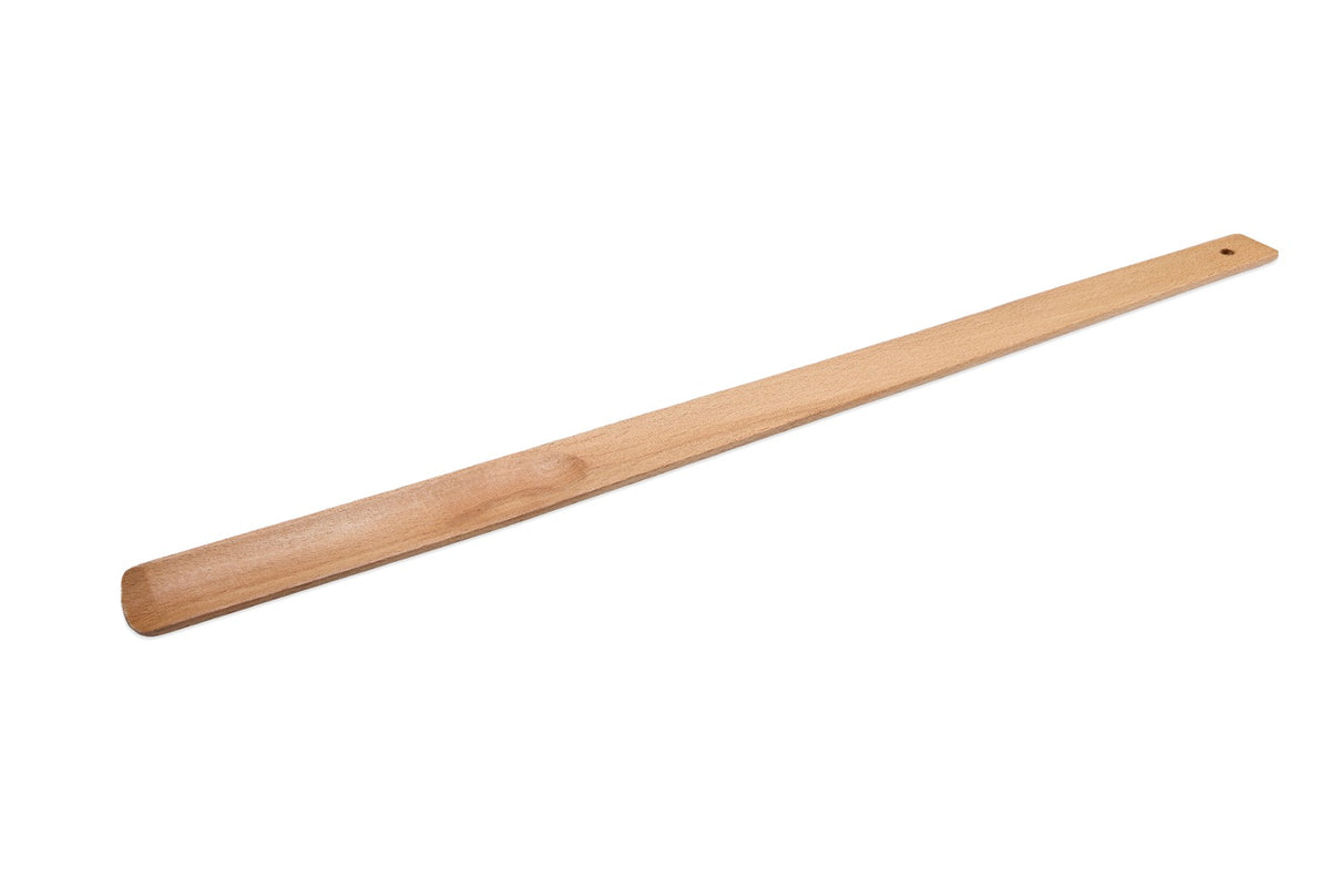 Long beech wood shoehorn for putting on shoes comfortably without bending. Smooth oiled solid beech, durable and elegant for any hallway. Size: 540 x 35 x 10 mm.
