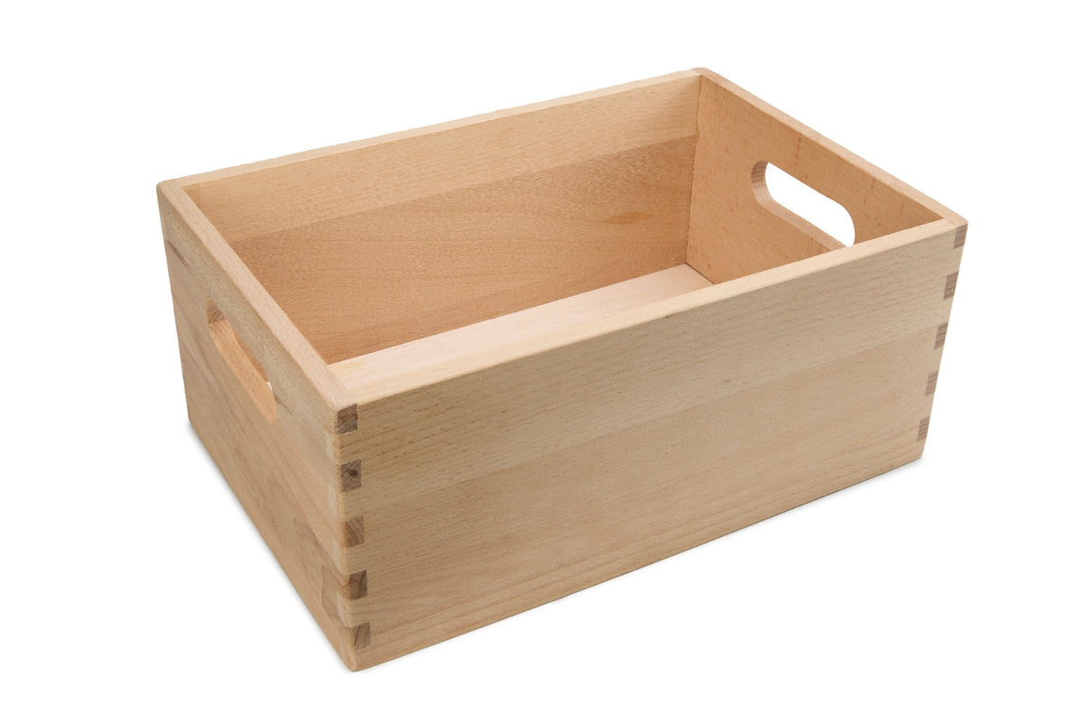 Natural beech wood storage box for kitchen, pantry or home organization – store fruit, vegetables, spices, toys or tools. Untreated solid beech. Size: 300 x 200 x 130 mm.