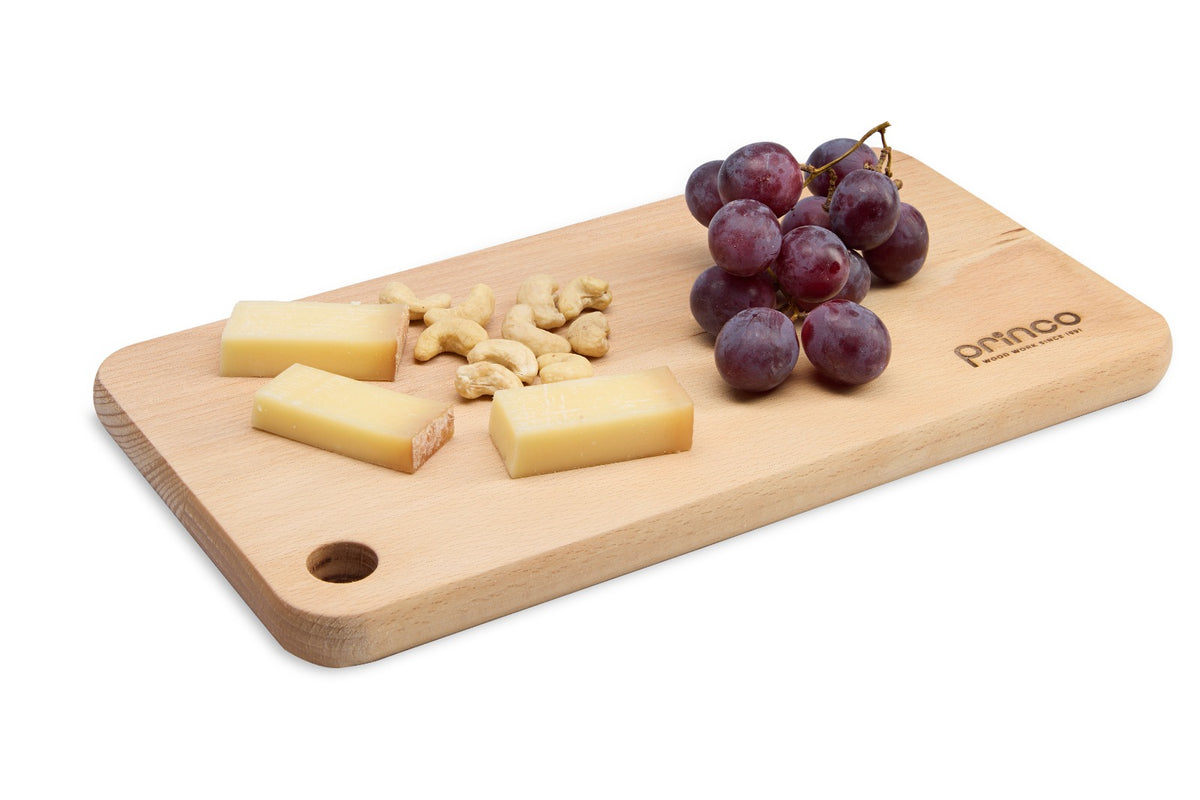 Natural rectangular beech wood cutting board with a hanging hole for convenient storage. A versatile everyday board for chopping, slicing and serving. Untreated solid beech, sturdy and gentle on knives. Size: 300 x 156 x 20 mm.