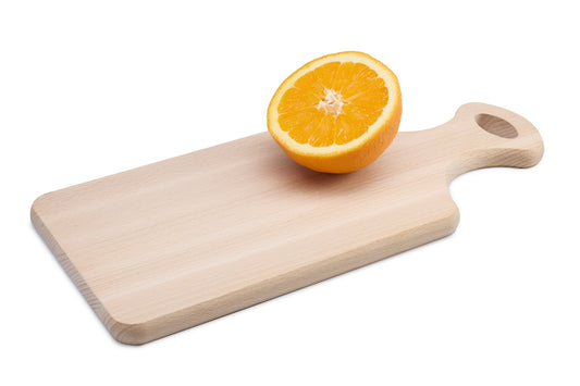 Rectangular beech wood cutting board with handle, a versatile everyday board for chopping, slicing and serving. Solid oiled beech, knife-friendly and easy to hang. Size: 350 x 160 x 15 mm.