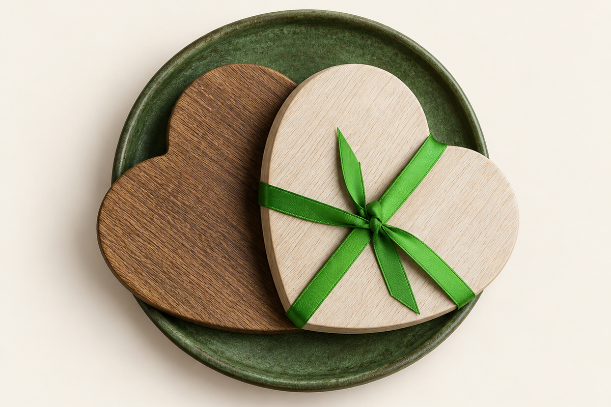 Two heart-shaped wooden boxes, one dark brown wood and one light natural wood tied with a bright green ribbon, stacked on a round dark green ceramic plate against a warm off-white background.