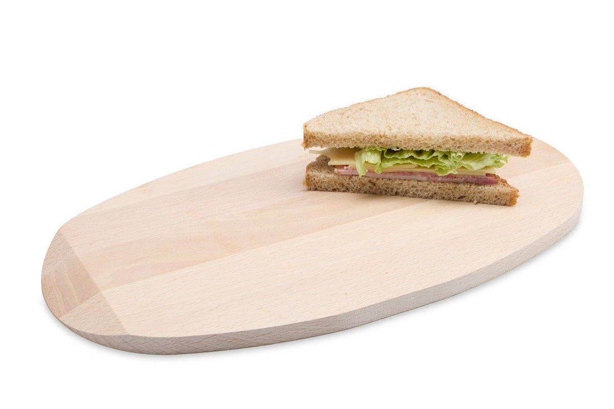 Simple natural oval beech wood board for chopping, serving and plating. Lightweight, untreated solid beech with a clean Scandinavian look, perfect for bread, cheese, fruit and snacks. Size: 300 x 160 x 10 mm.