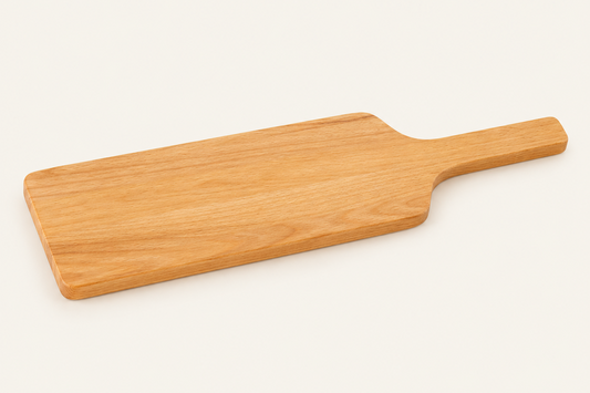 A rectangular wooden serving board with a handle, made of light oak wood with visible grain, photographed on a clean off-white background.